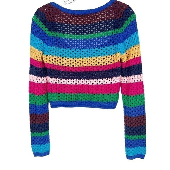 Zara women square neck crochet top size S cropped long sleeve striped multicolor - Picture 2 of 9